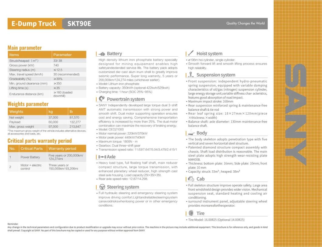 Sany Skt90e Electric off-Highway Mining Truck Electric Dump Truck